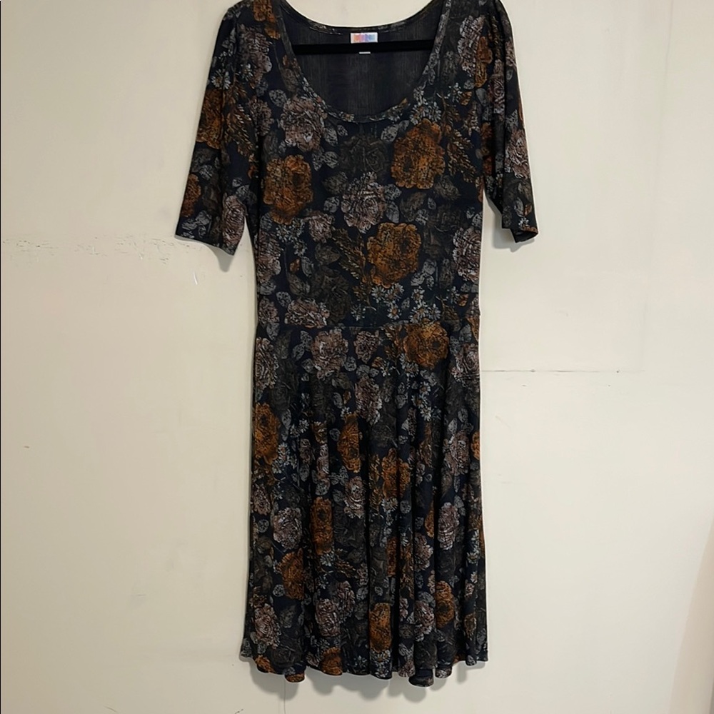 Brown and Orange Fit and Flare Midi Dress with Scoop Neck
